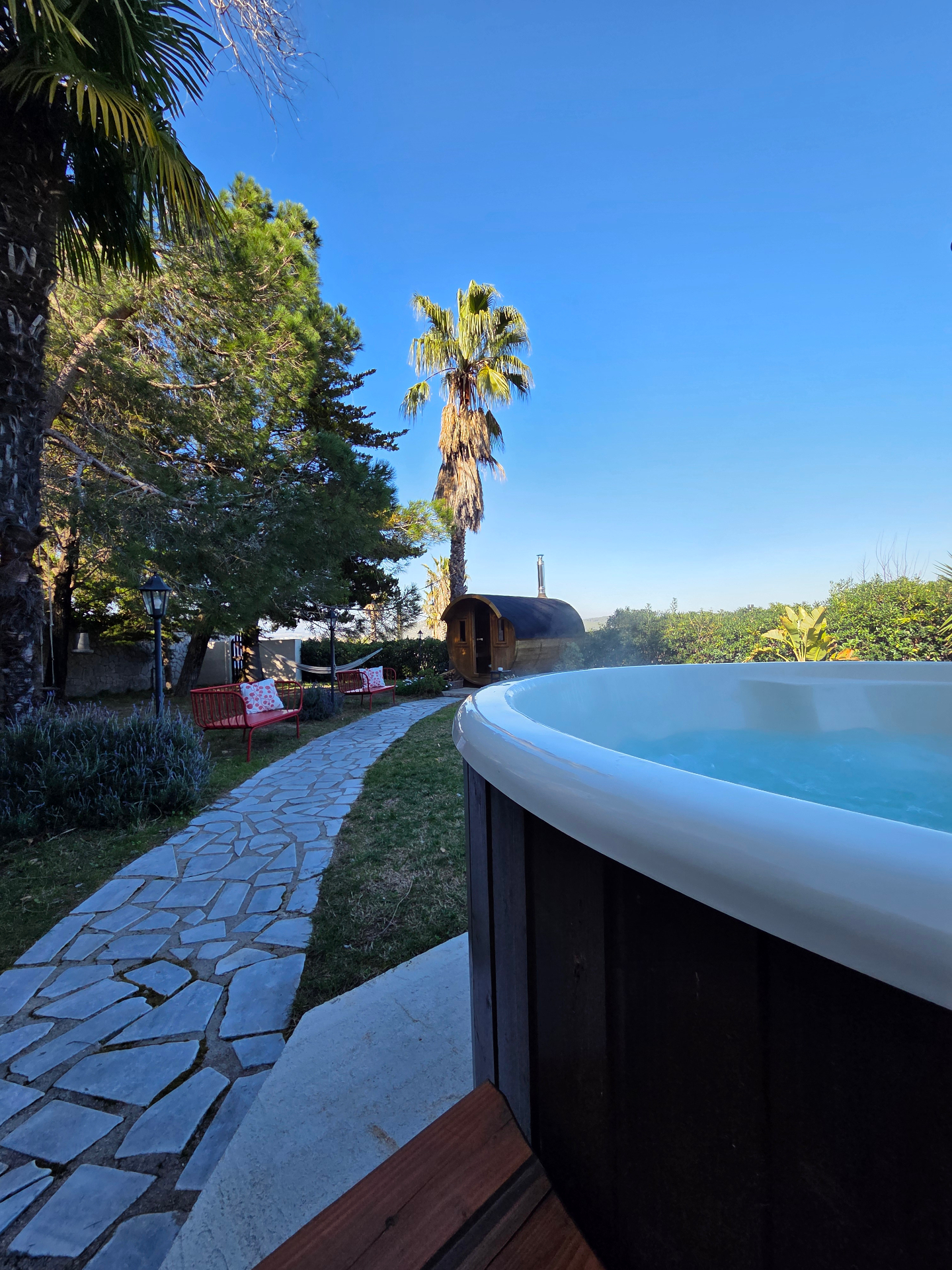 Jacuzzi et sauna au feu de bois